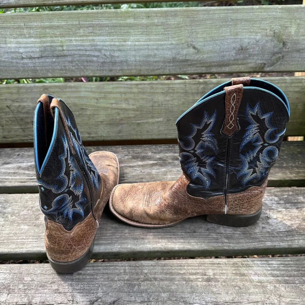 Ariat Tombstone Kids Cowboy Boots Brown Leather Square Toe Blue Stitching Size 5